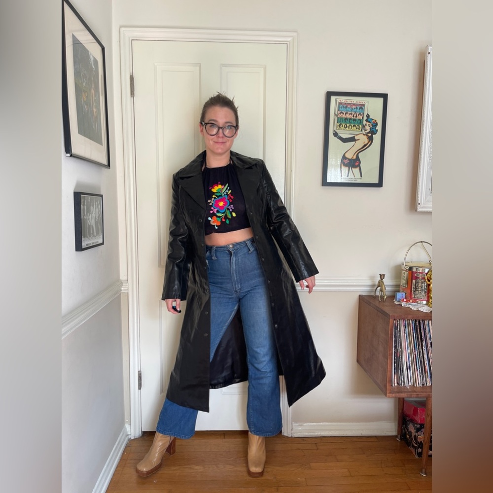 90s Vintage Black Leather Trenchcoat - Picture 1 of 8